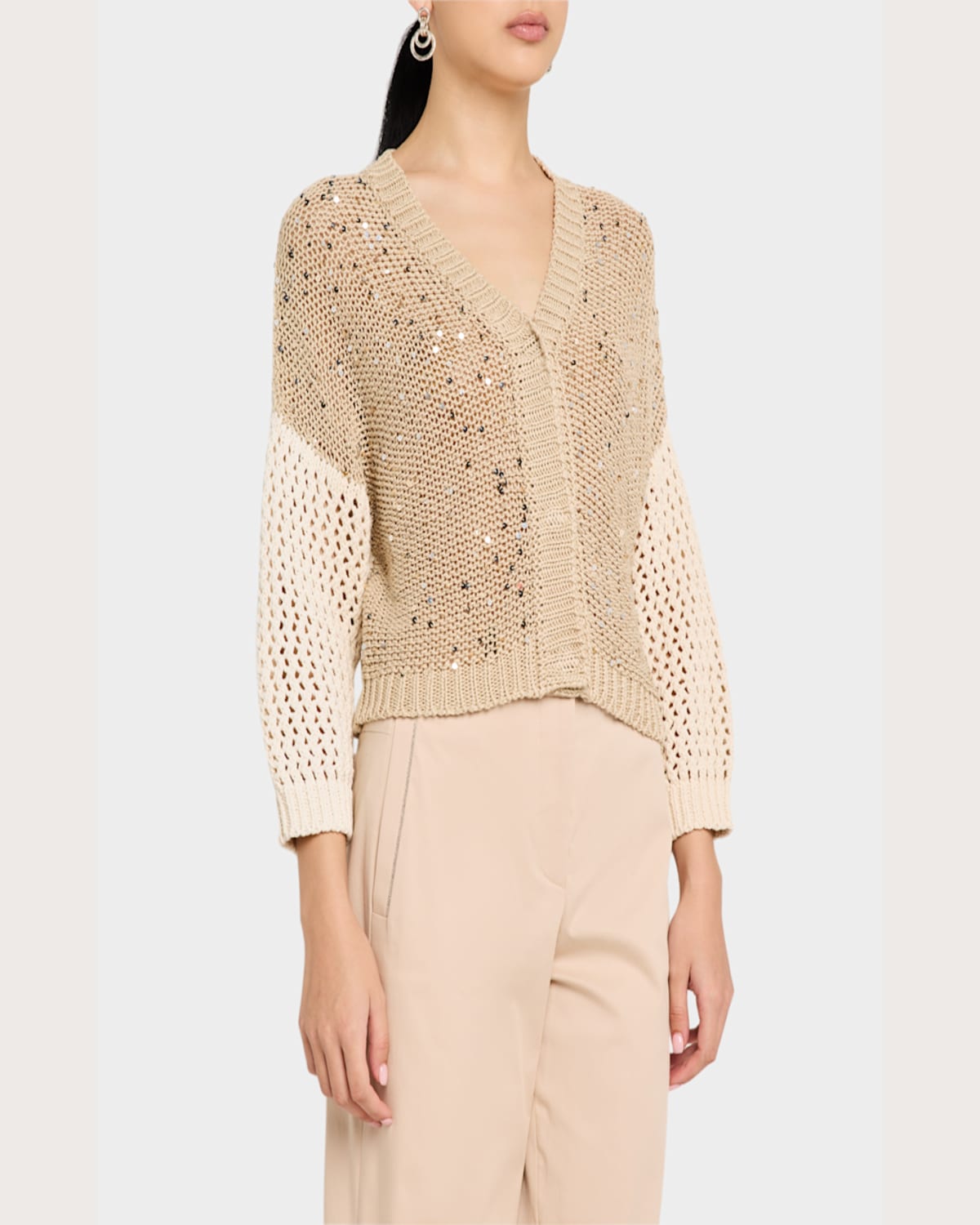 Shop Peserico Colorblock Open-knit Sequin Cardigan In Amber Beige