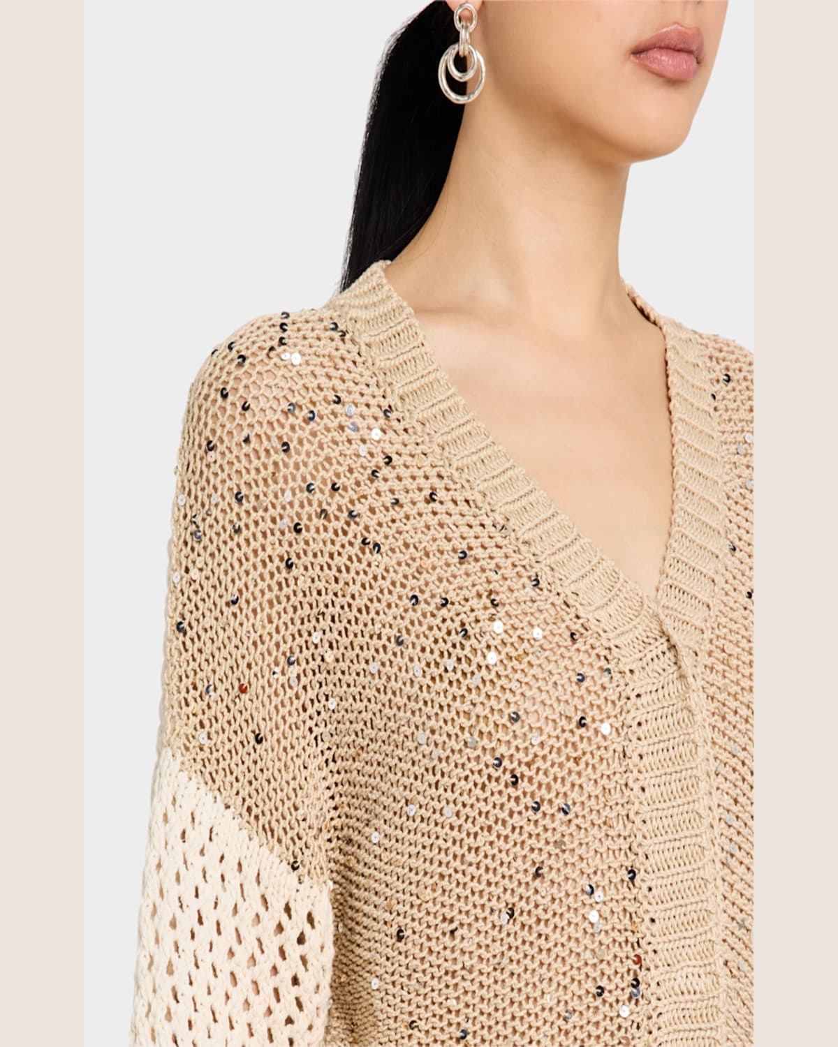 Shop Peserico Colorblock Open-knit Sequin Cardigan In Amber Beige