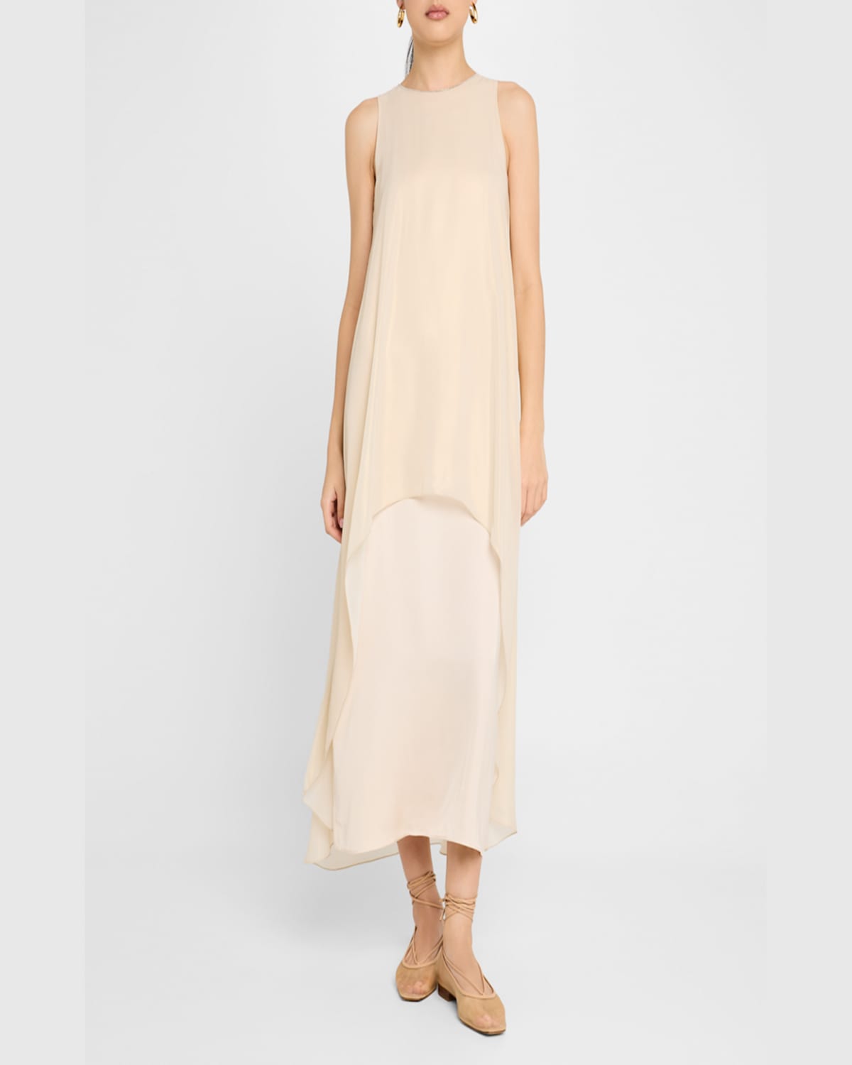 Shop Peserico Sleeveless Chain-trim Layered Maxi Dress In Almond White