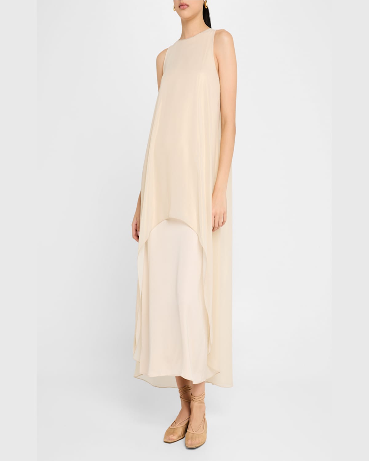 Shop Peserico Sleeveless Chain-trim Layered Maxi Dress In Almond White