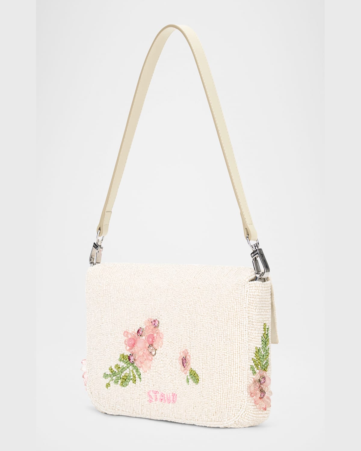 Staud Timmy Leather-trimmed Beaded Satin Shoulder Bag In Magnolia