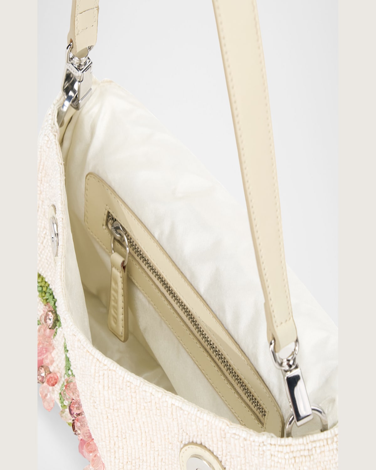 Staud Timmy Leather-trimmed Beaded Satin Shoulder Bag In Magnolia