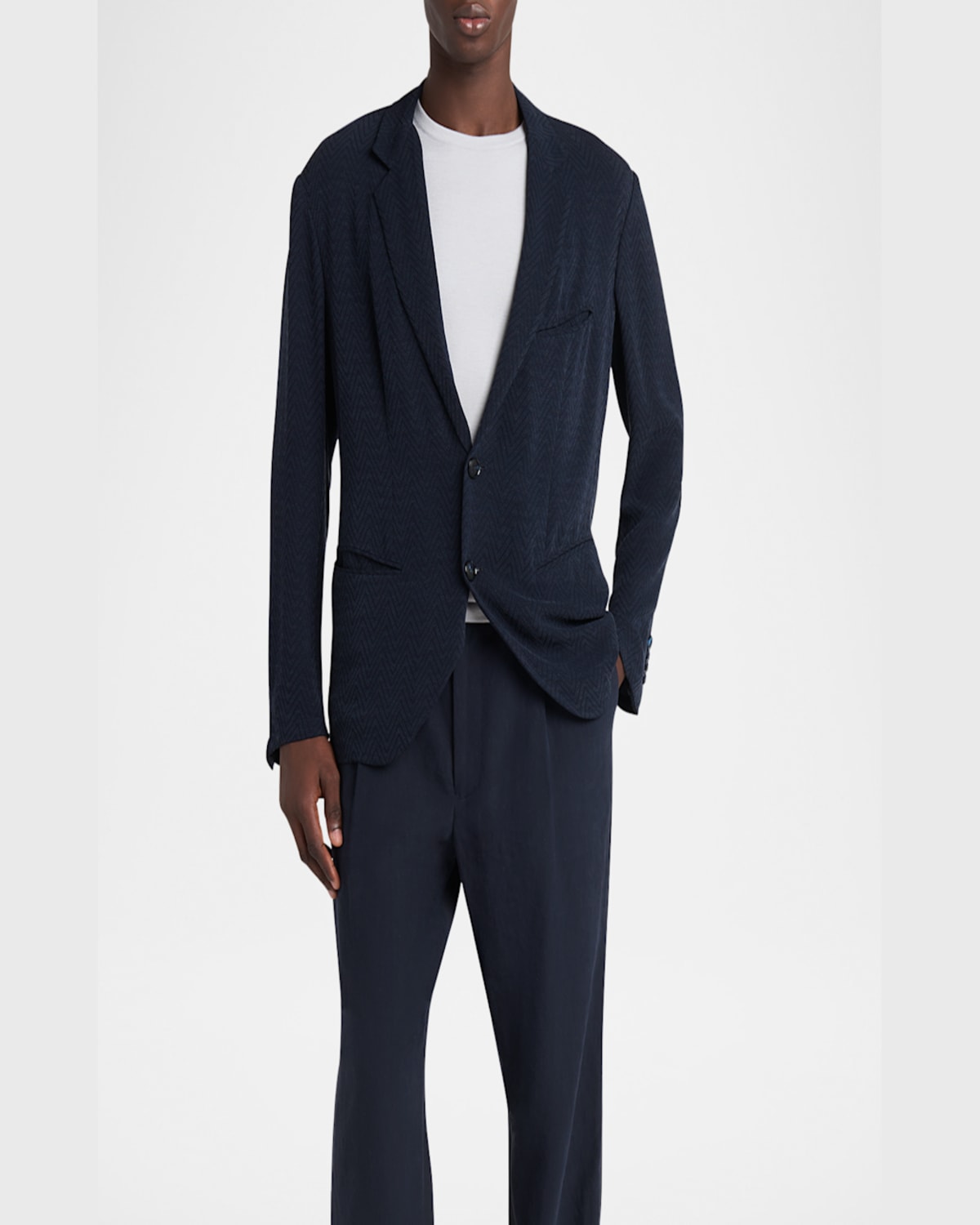 Giorgio Armani Embroidered Cupro Blend Blazer With Notched Lapel In Dark Blue