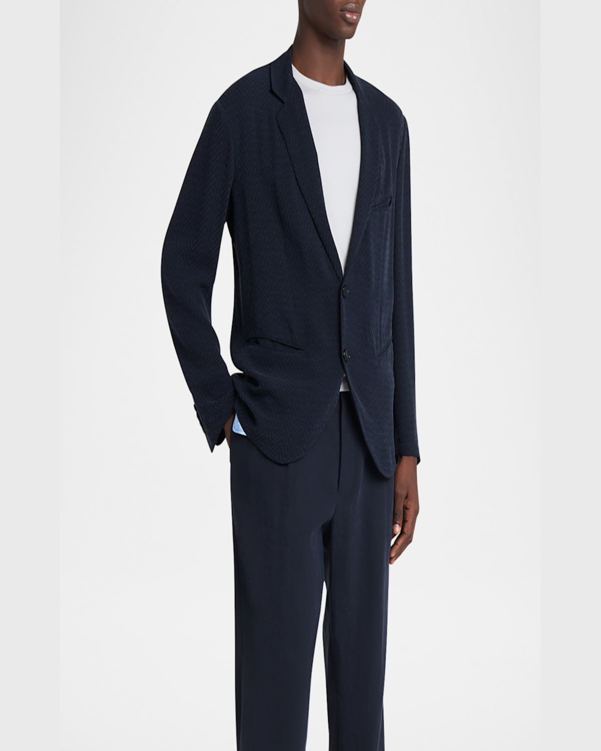 Giorgio Armani Embroidered Cupro Blend Blazer With Notched Lapel In Dark Blue