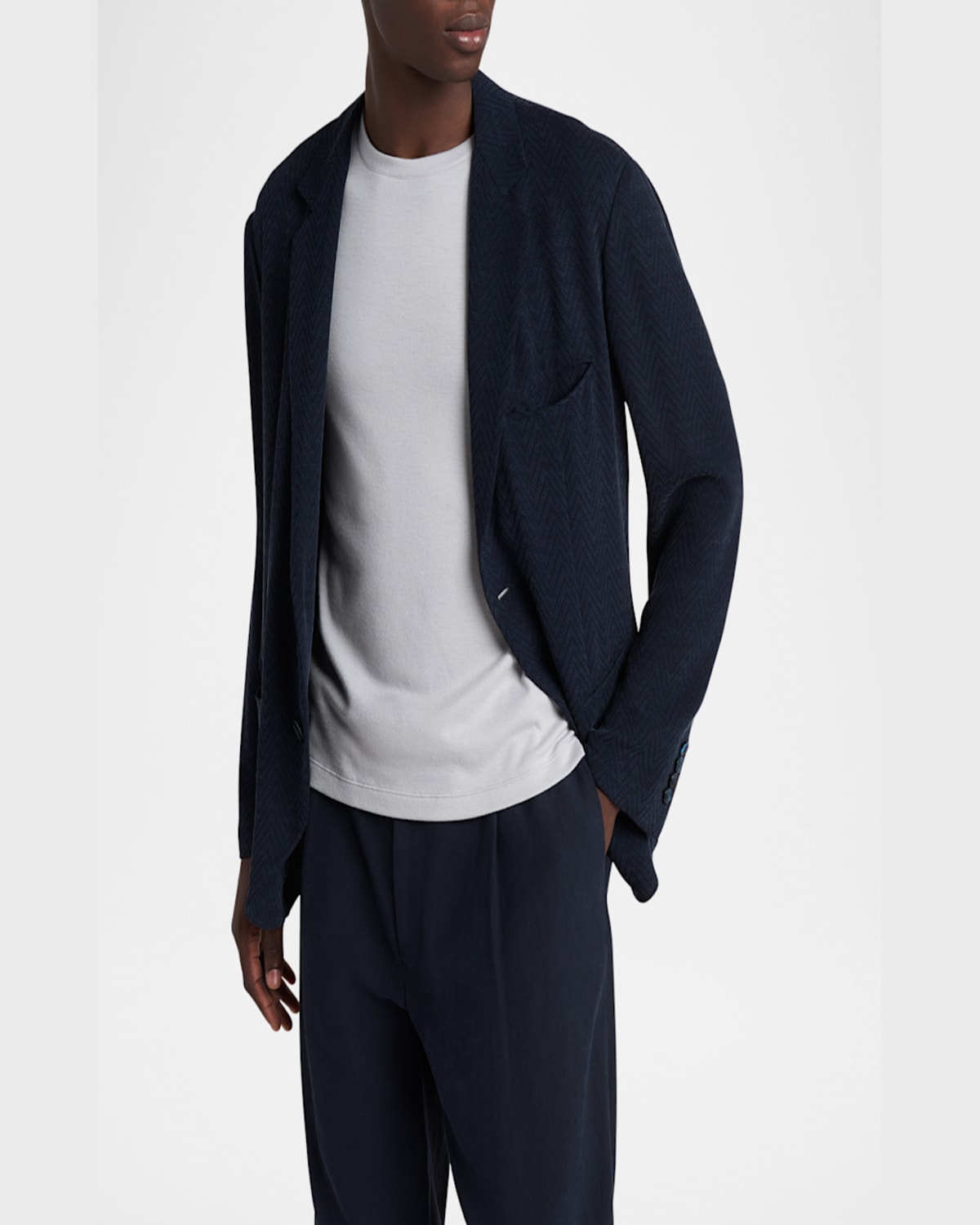 Giorgio Armani Embroidered Cupro Blend Blazer With Notched Lapel In Dark Blue