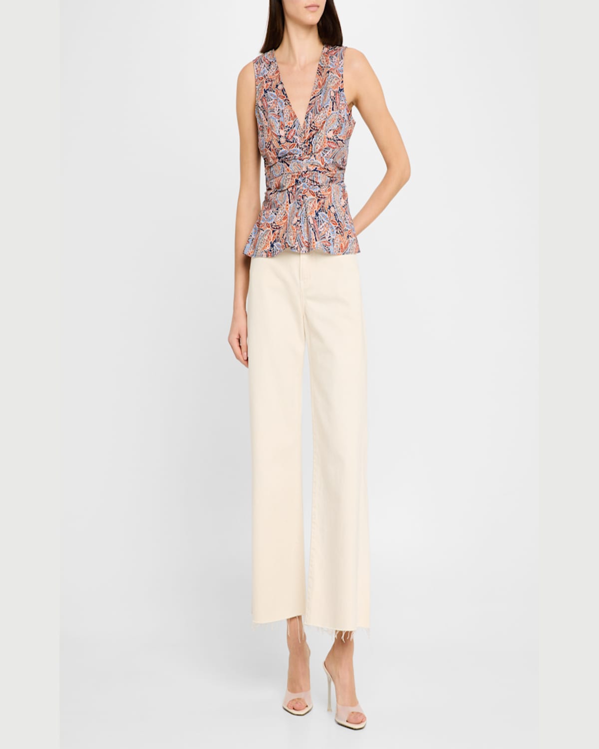 Veronica Beard Aiden Paisley Print Center Ruched Top In Navy Multi