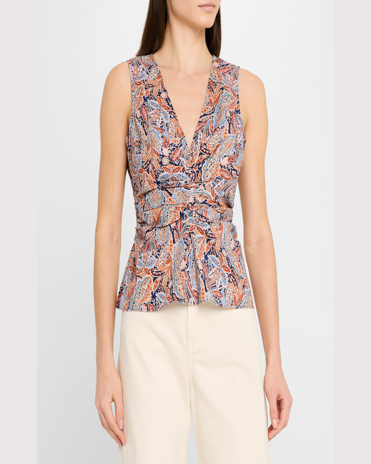 Veronica Beard Aiden Paisley Print Center Ruched Top In Navy Multi