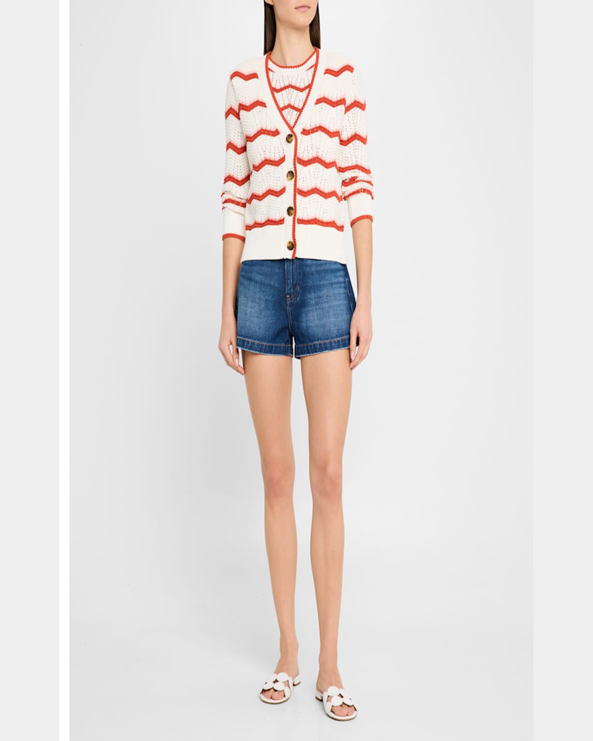 Veronica Beard Ansonia Stripe Open Stitch Cardigan In Off White Pink Shell Persimmon
