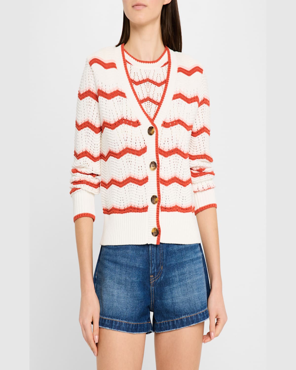 Veronica Beard Ansonia Stripe Open Stitch Cardigan In Off White Pink Shell Persimmon