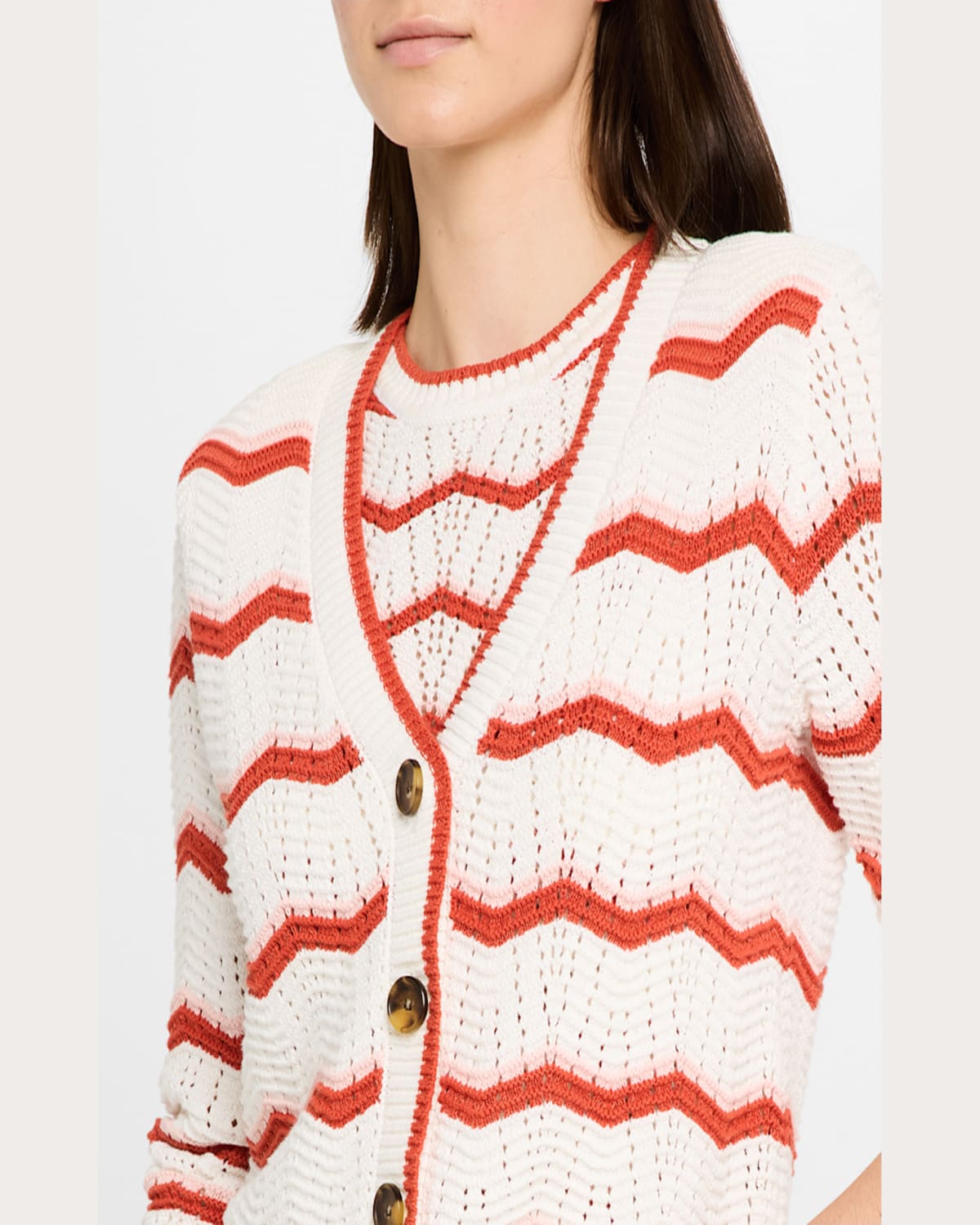 Veronica Beard Ansonia Stripe Open Stitch Cardigan In Off White Pink Shell Persimmon