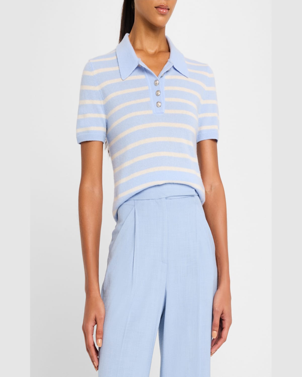 Veronica Beard Brandt Stripe Cashmere Polo Sweater In Bluebellivory