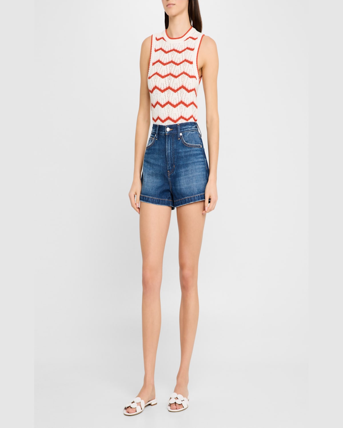 Veronica Beard Jerrel Chevron Stripe Cotton Blend Sleeveless Sweater In Off Whitepink Shellpersimmon