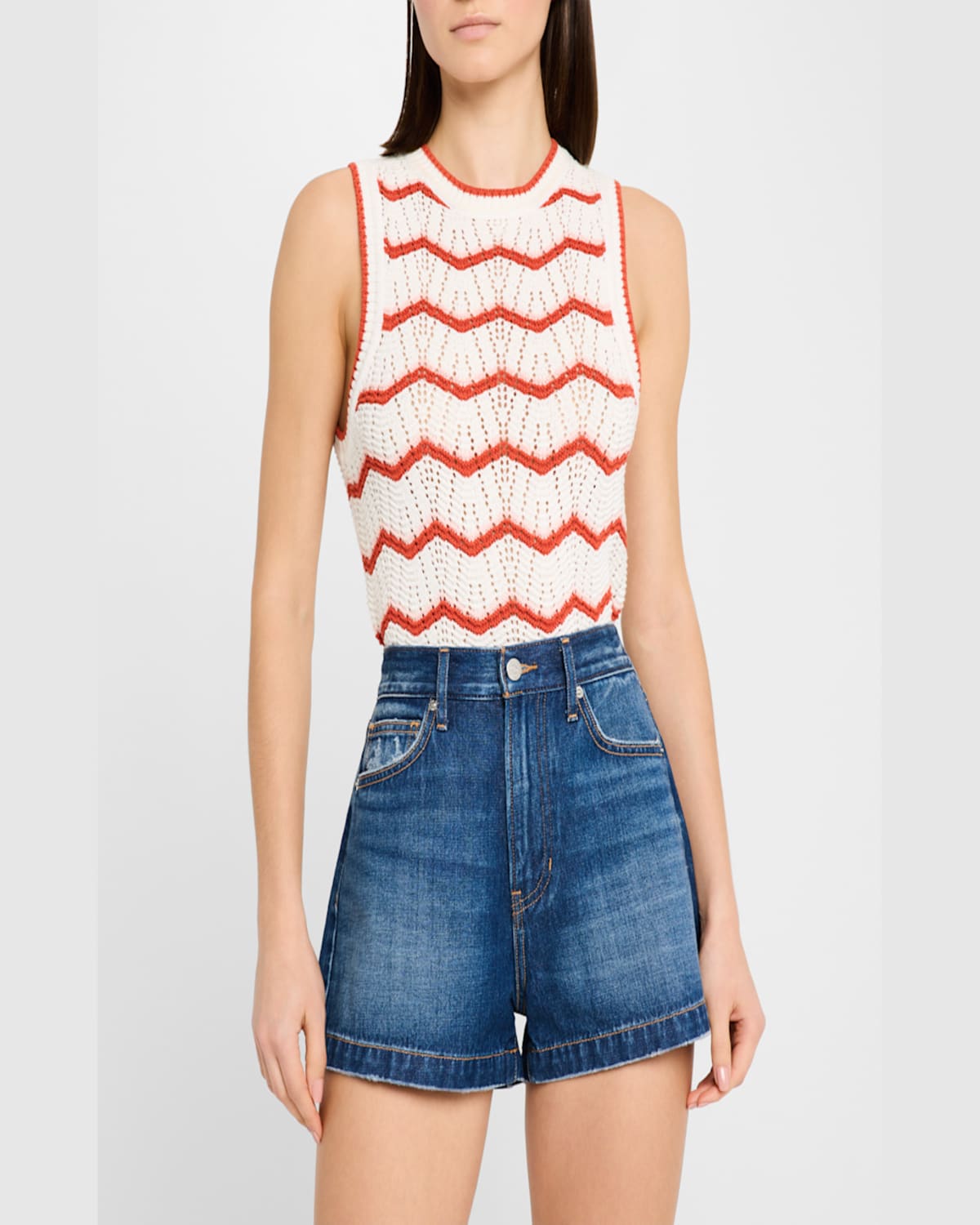 Veronica Beard Jerrel Chevron Stripe Cotton Blend Sleeveless Sweater In Off Whitepink Shellpersimmon