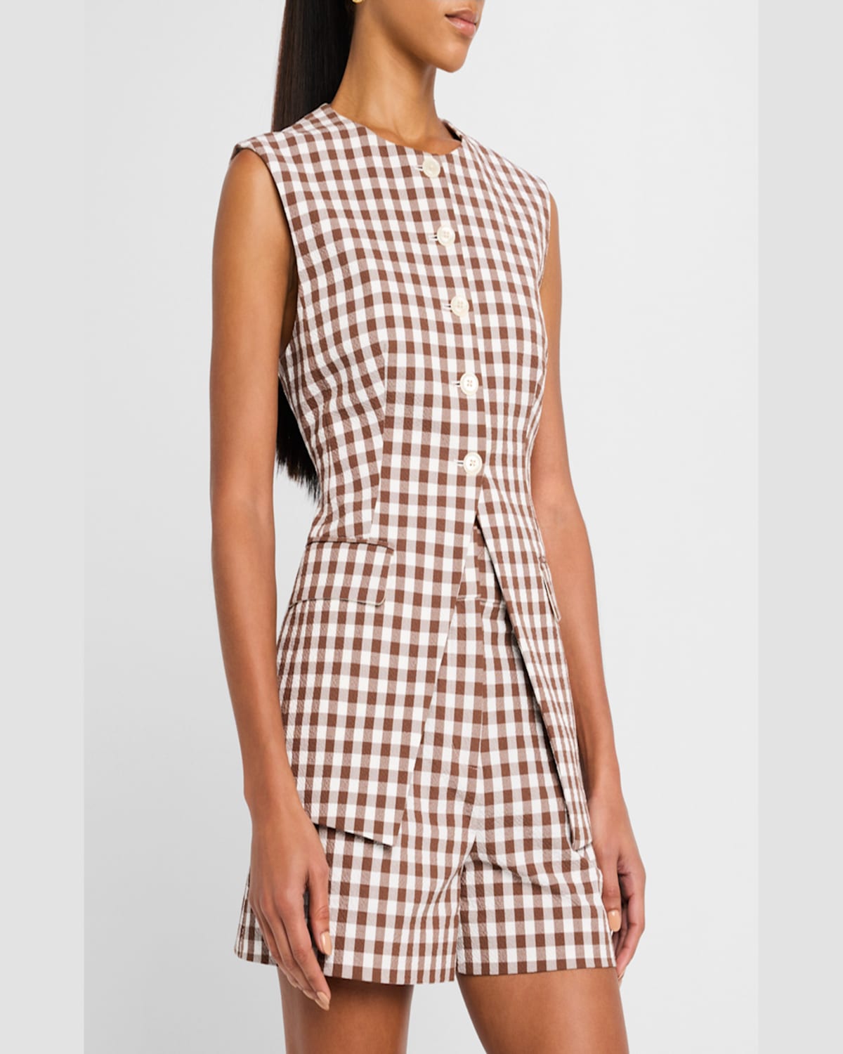 Veronica Beard Lois Gingham Seersucker Cutaway Vest In Light Chickorydove