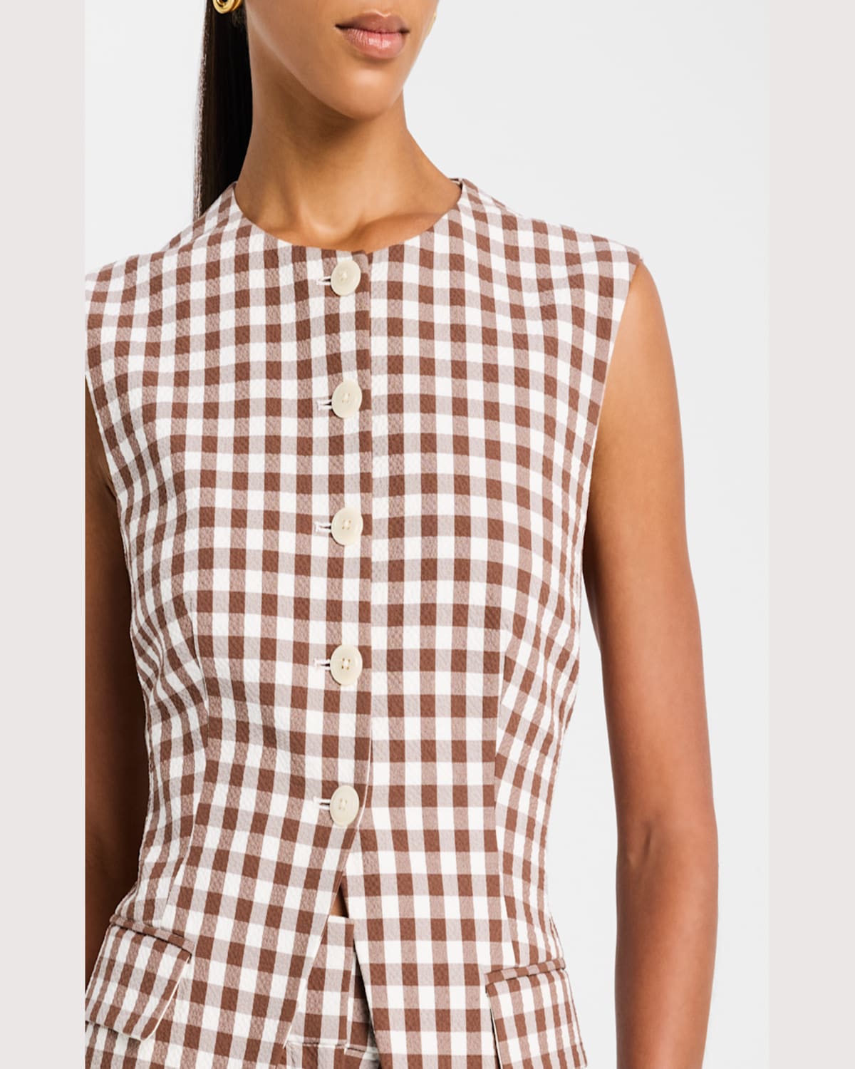 Veronica Beard Lois Gingham Seersucker Cutaway Vest In Light Chickorydove