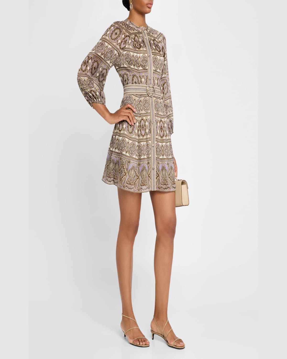 Veronica Beard Kumar Linen Silk Printed Shirt Dress In Stone Khaki Multi