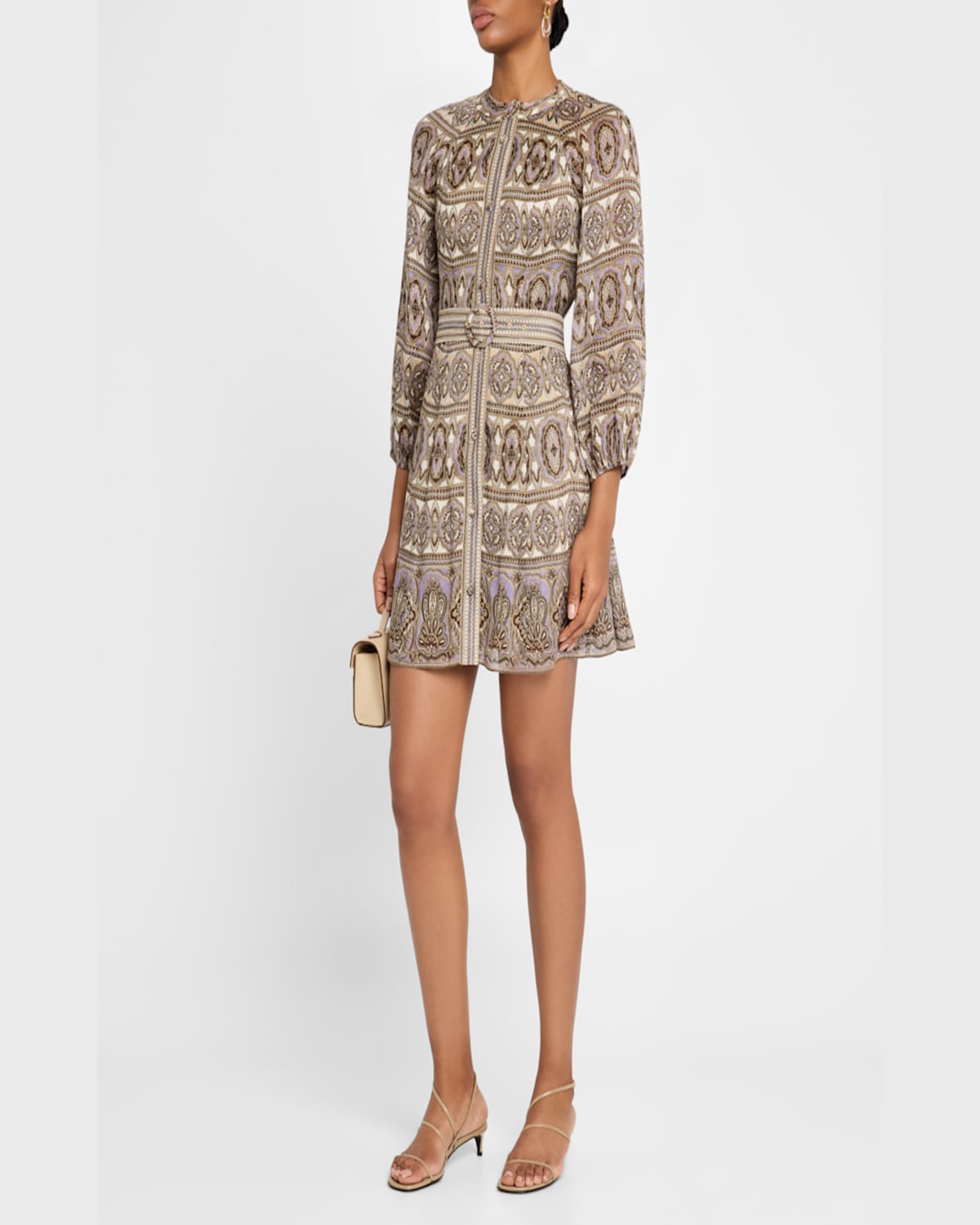 Veronica Beard Kumar Linen Silk Printed Shirt Dress In Stone Khaki Multi