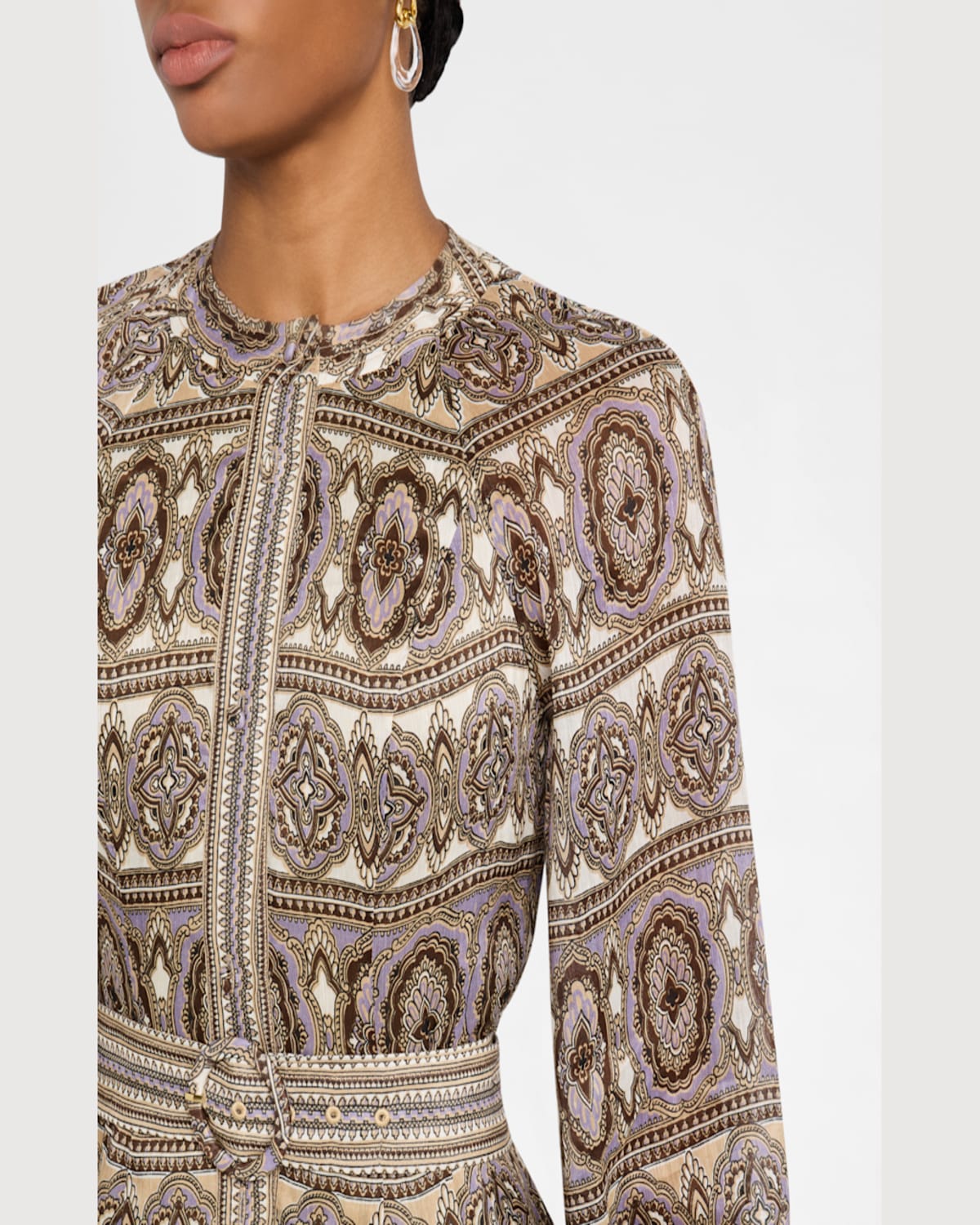 Veronica Beard Kumar Linen Silk Printed Shirt Dress In Stone Khaki Multi