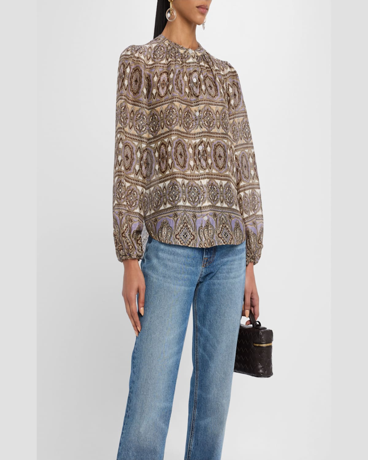 Veronica Beard Ashlynn Printed Top In Stone Khaki Multi
