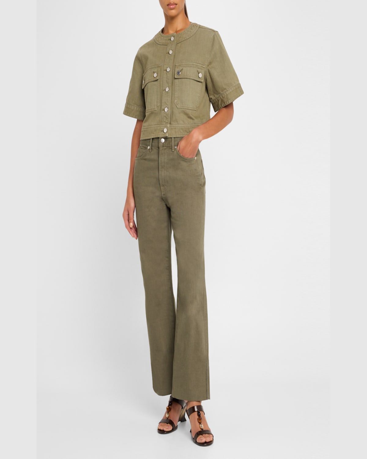 Shop Veronica Beard Elias Short-sleeve Denim Jacket In Stone Army