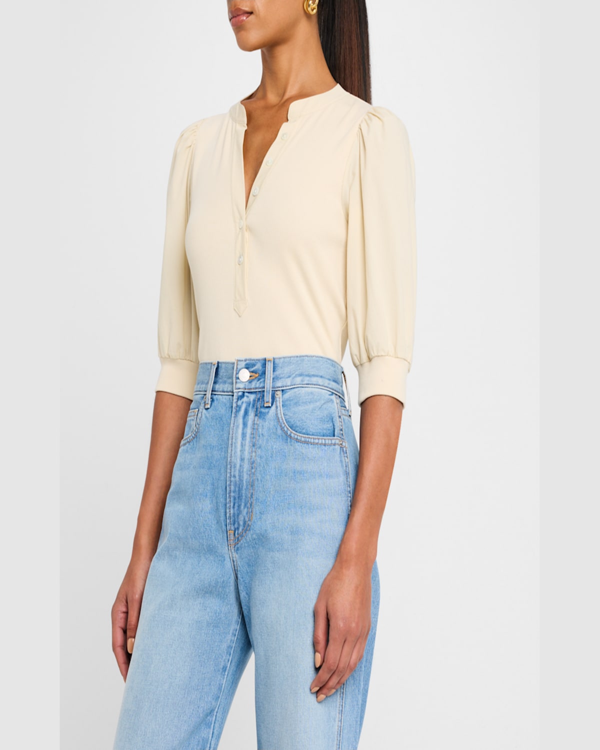 Veronica Beard Coralee Puff Sleeve Button-front Top In Neutral