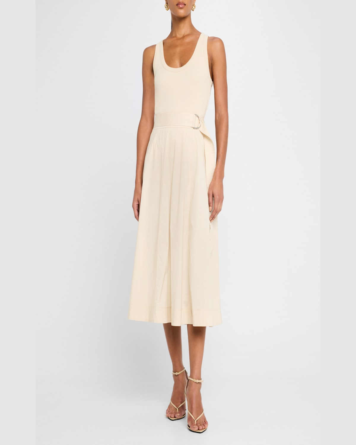 Shop Veronica Beard Facia Belted A-line Midi Skirt In Limestone