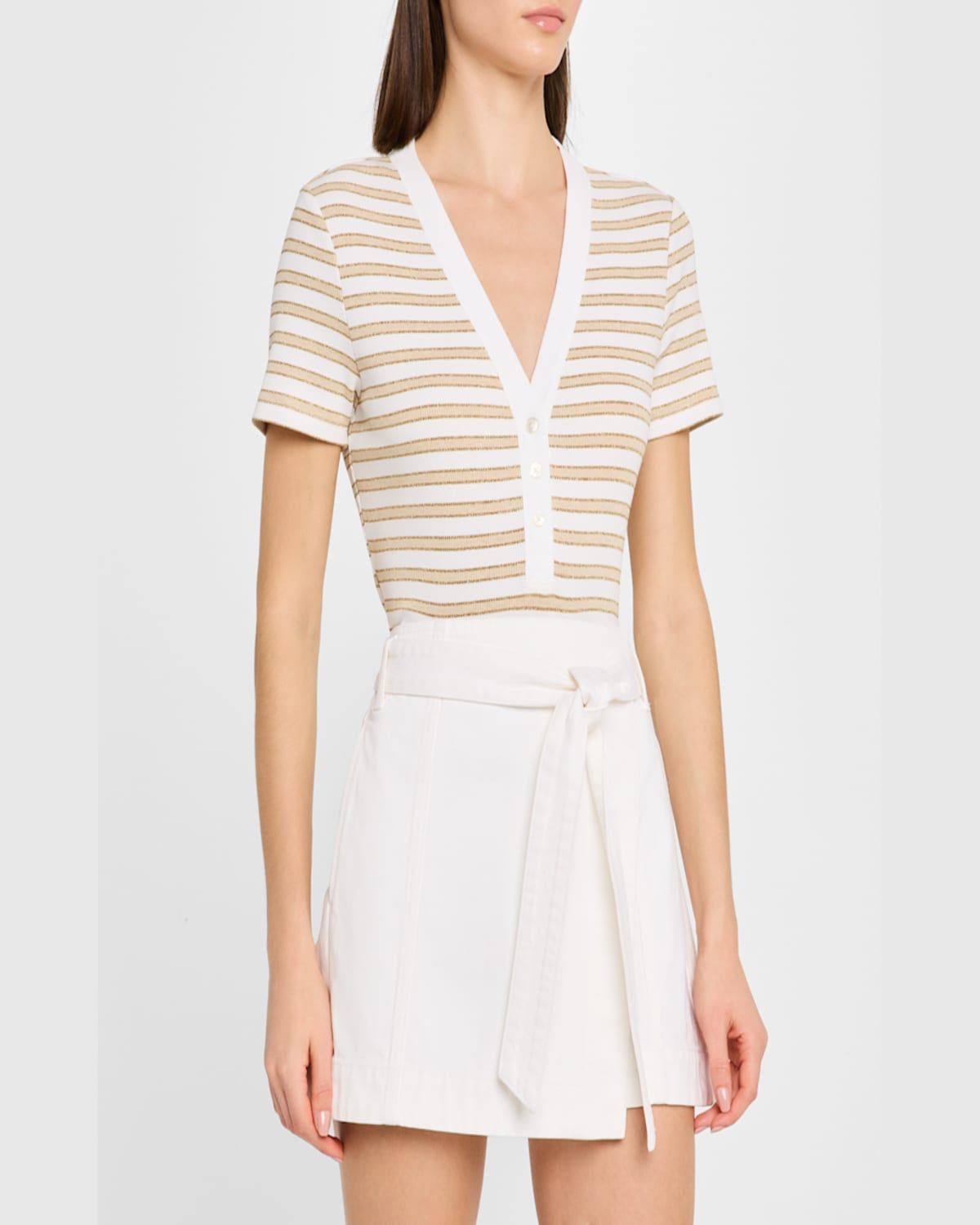 Veronica Beard Dekalb Stripe Stretch Cotton Henley Top In Khakiwhite