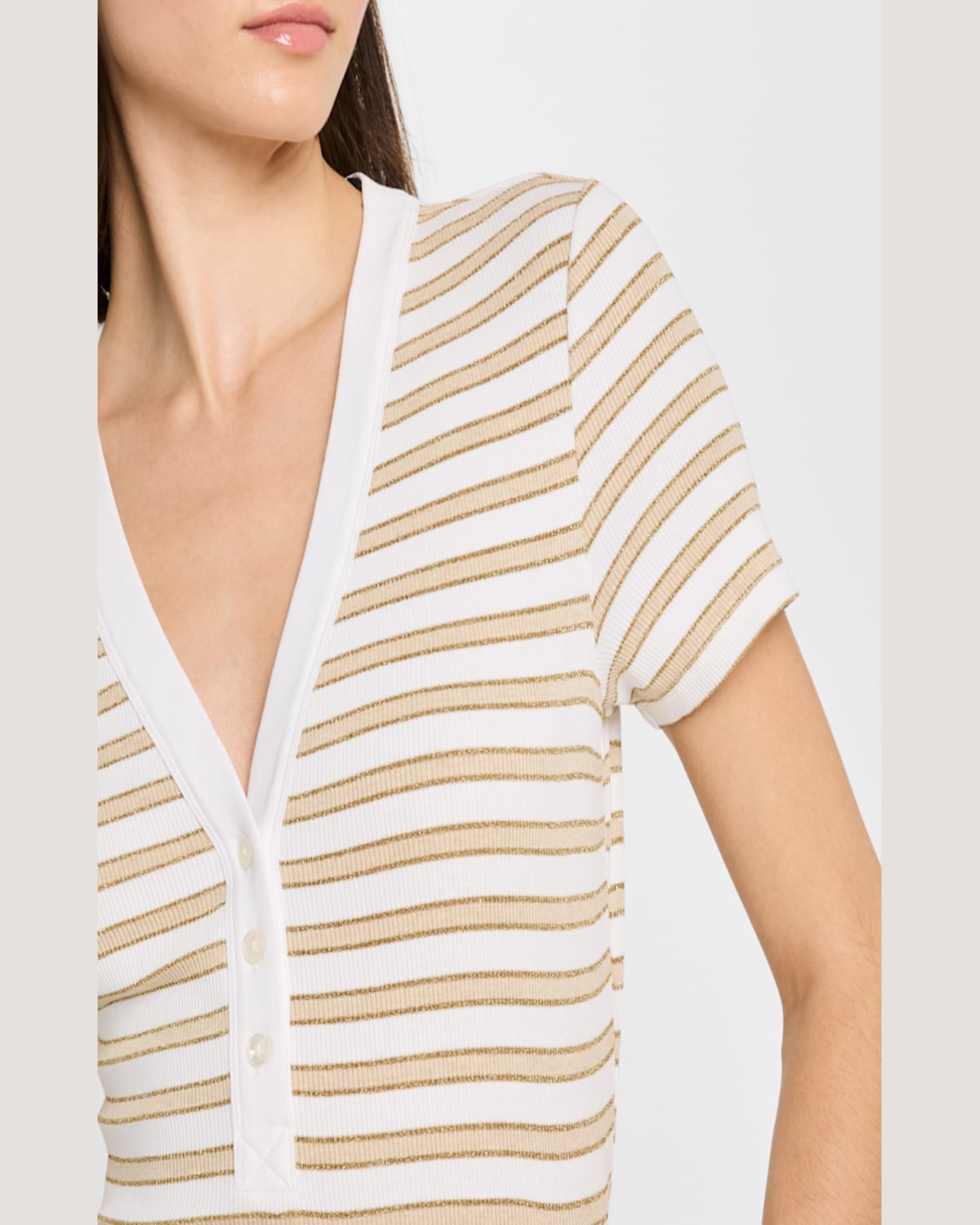 Veronica Beard Dekalb Stripe Stretch Cotton Henley Top In Khakiwhite