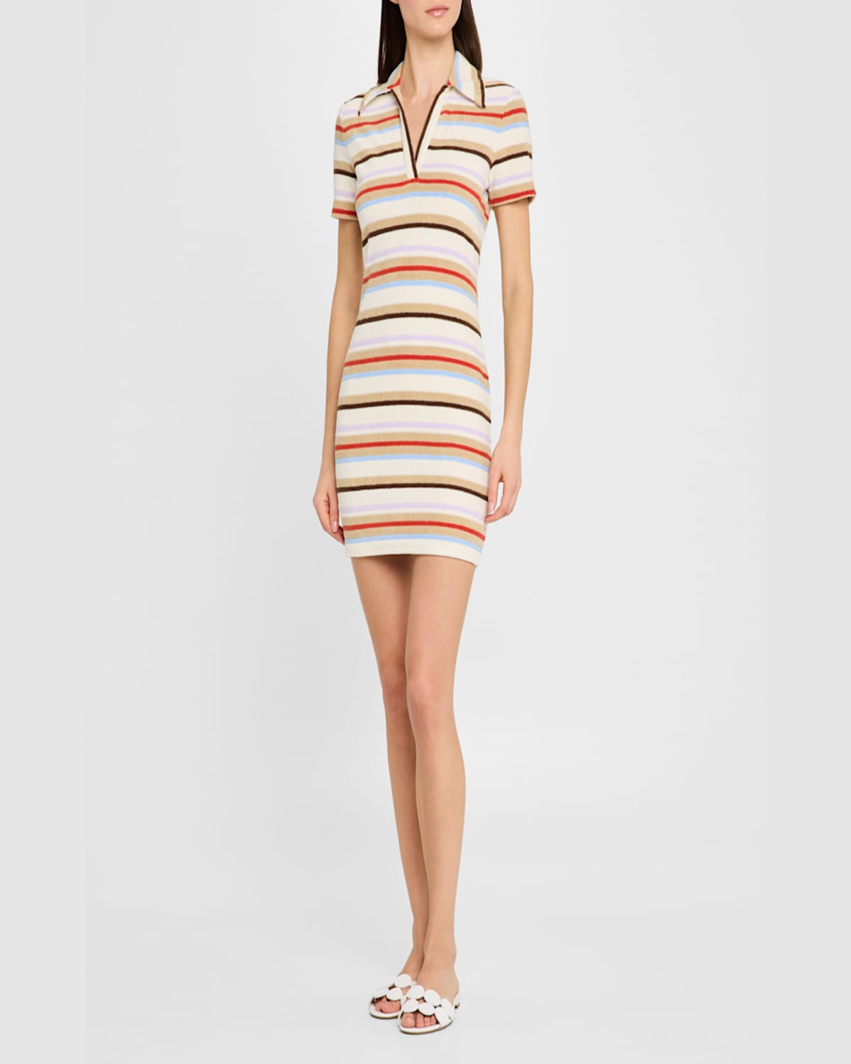 Shop Veronica Beard Bailey Stripe Short-sleeve Polo Dress In Stone Khaki Multi