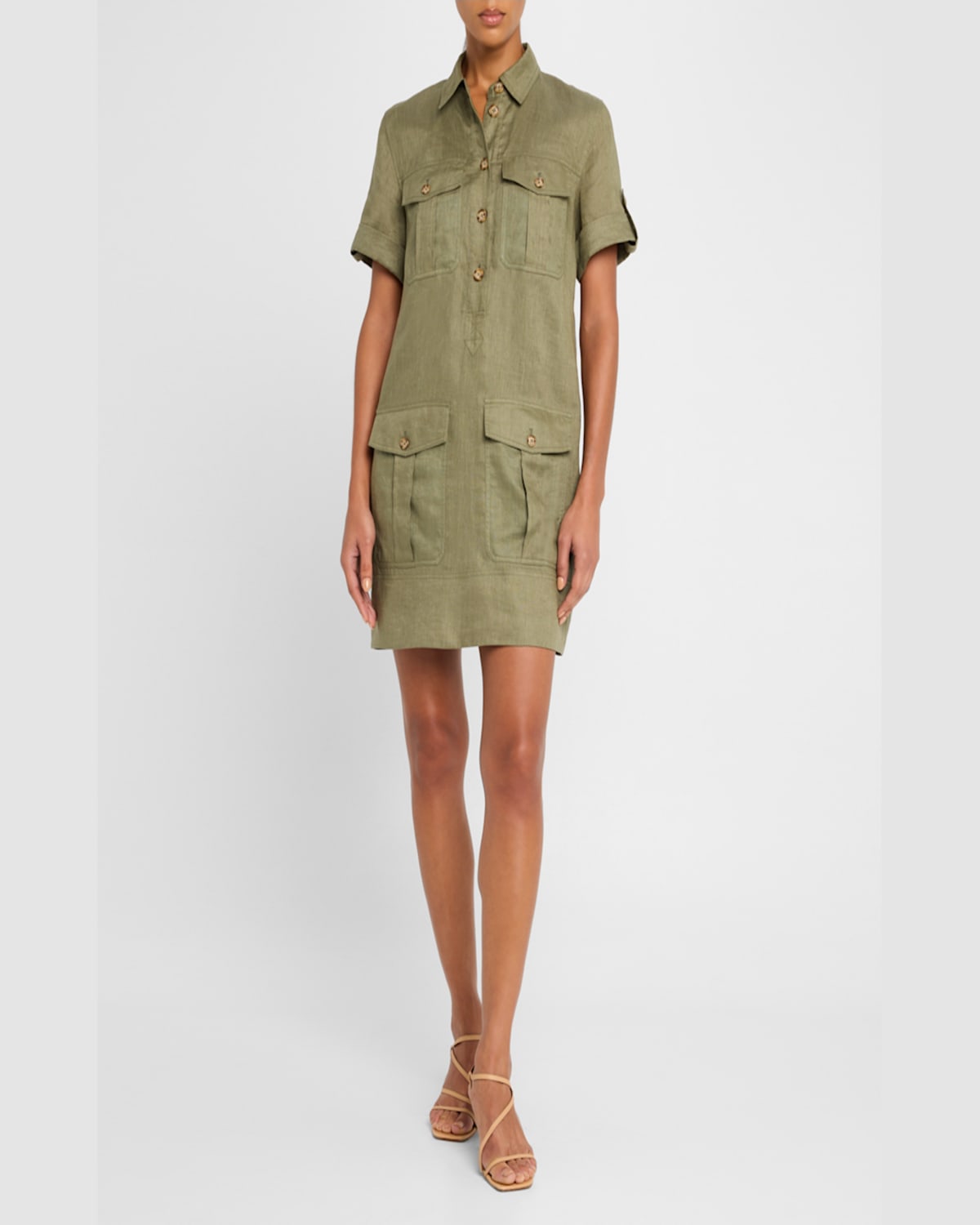 Veronica Beard Lucca Short-sleeve Linen Shirtdress In Stone Army