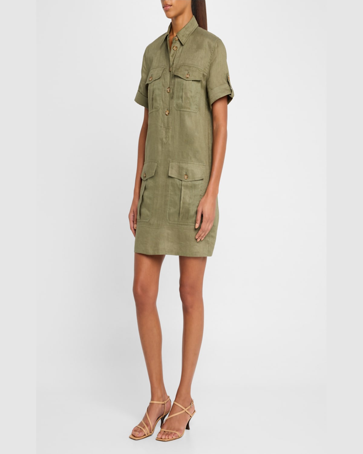 Veronica Beard Lucca Short-sleeve Linen Shirtdress In Stone Army