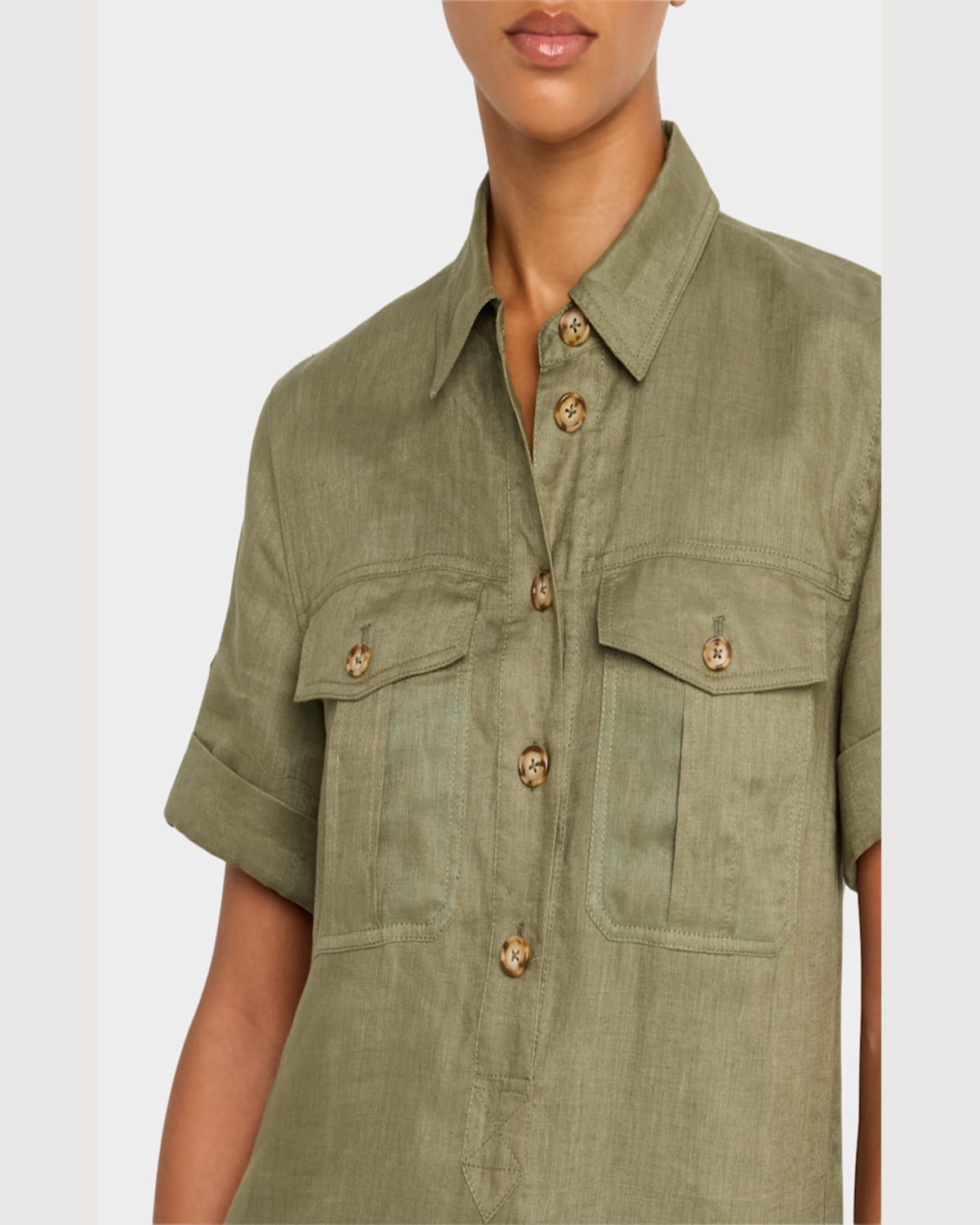 Veronica Beard Lucca Short-sleeve Linen Shirtdress In Stone Army