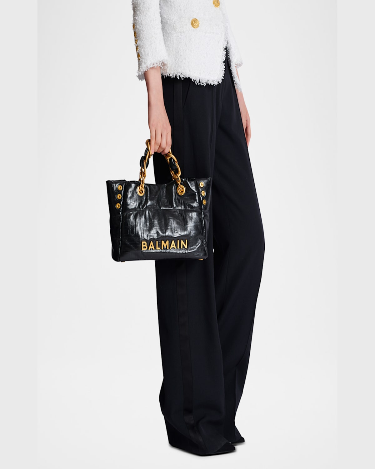 Balmain 1945 Soft Pb-monogrammed Crinkled Leather Tote Bag In 0pa Noir