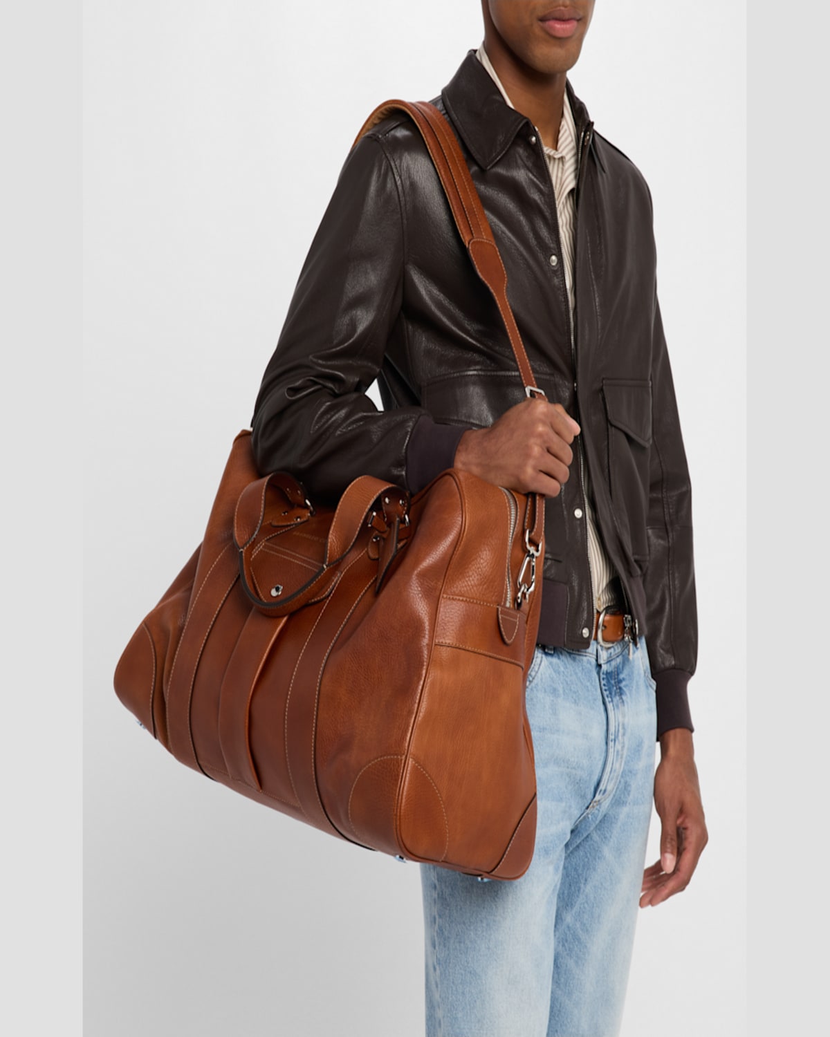 Brunello Cucinelli Men's Grained Leather Travel Duffel Bag In Copper