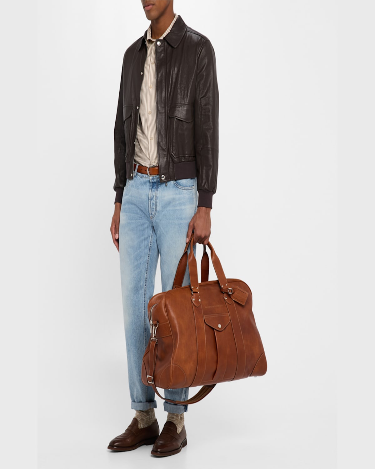 Brunello Cucinelli Men's Grained Leather Travel Duffel Bag In Copper