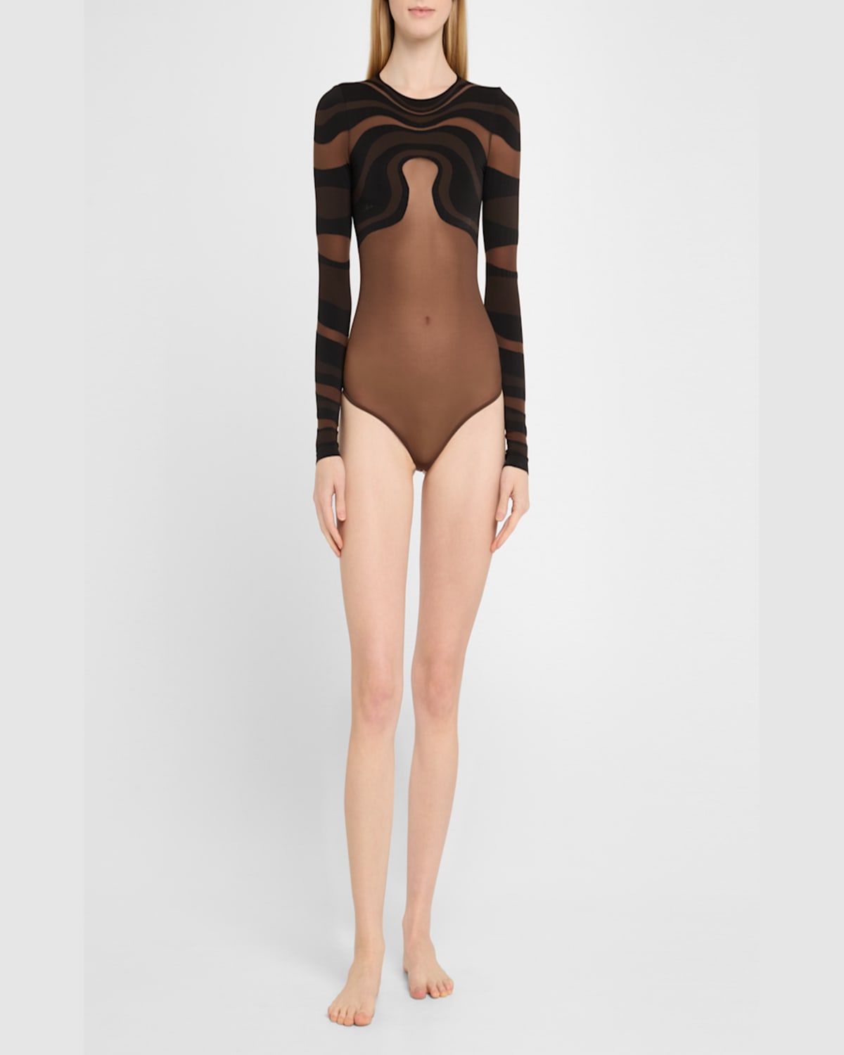 Wolford Venus Matte Geometric Swirl String Bodysuit In Umberblack