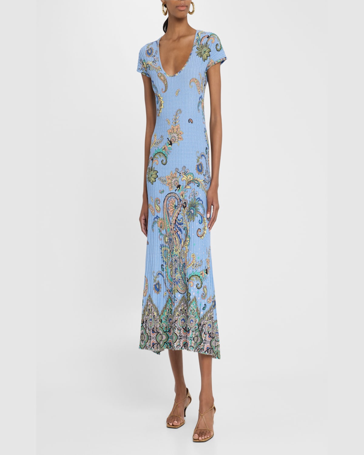 Etro Lucky Charm Print Scoop-neck Rib Midi Dress In Blue Print 2