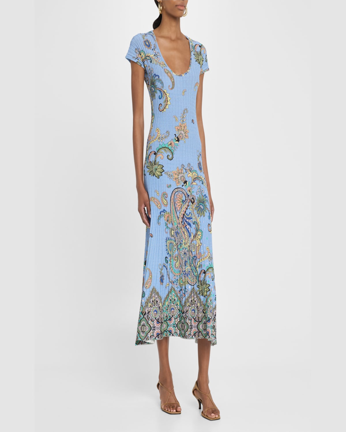 Etro Lucky Charm Print Scoop-neck Rib Midi Dress In Blue Print 2