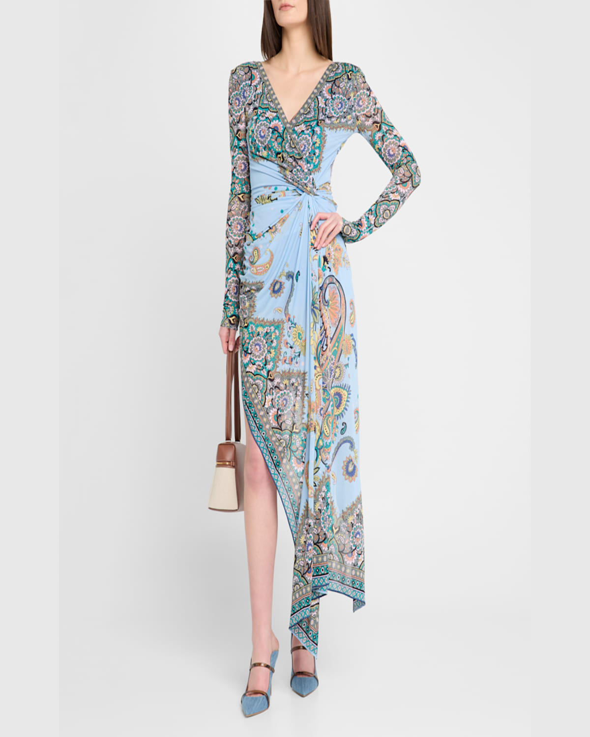 Etro Lucky Charm Jersey Long-sleeve Twisted Asymmetric Dress In Blue Print 2