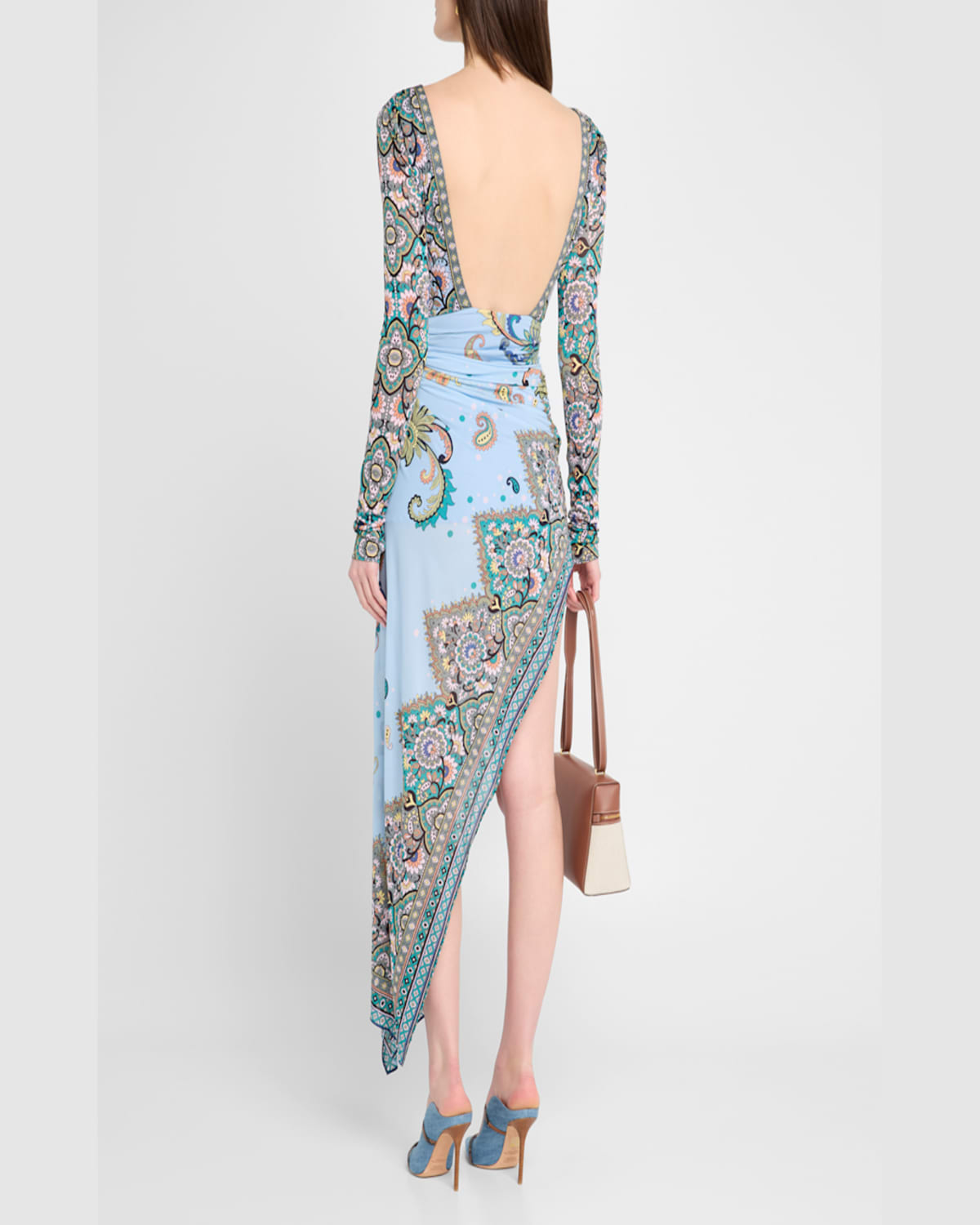 Etro Lucky Charm Jersey Long-sleeve Twisted Asymmetric Dress In Blue Print 2