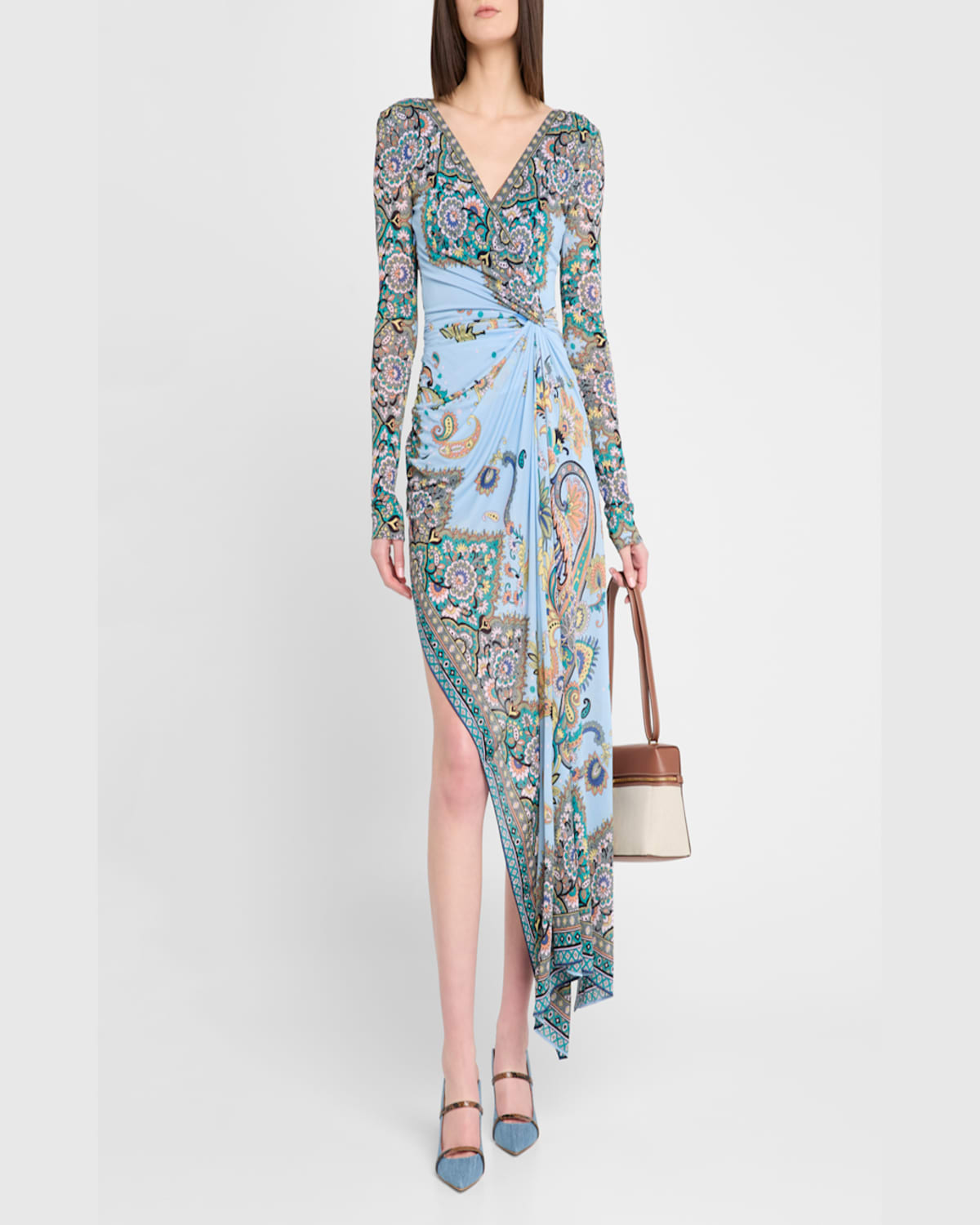 Etro Lucky Charm Jersey Long-sleeve Twisted Asymmetric Dress In Blue Print 2