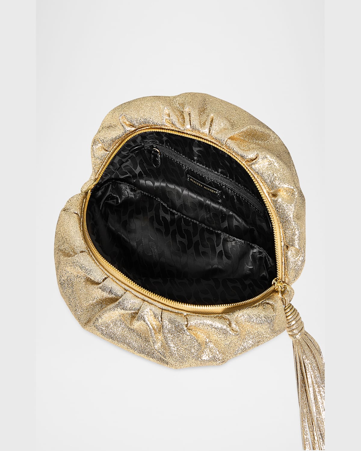 Rebecca Minkoff Ruched Tassel Foil Clutch Bag In Champagne