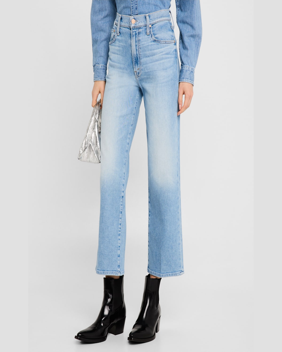 Mother Womens Look Ma No Hands The Rambler Zip Ankle Straight-leg Denim Jeans In Look Ma No Hands