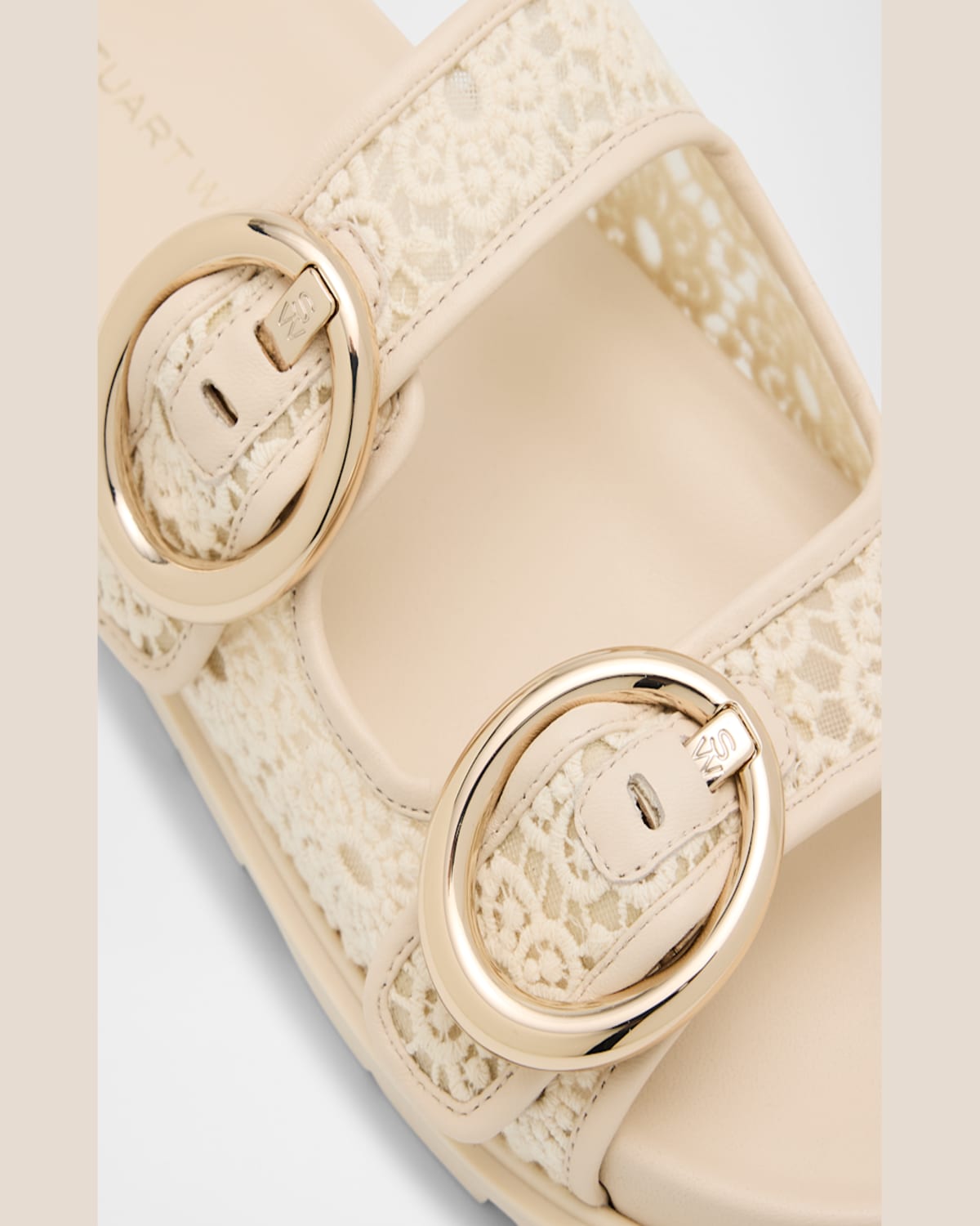 Stuart Weitzman Benni Lace Double-buckle Slide Sandals In Linen