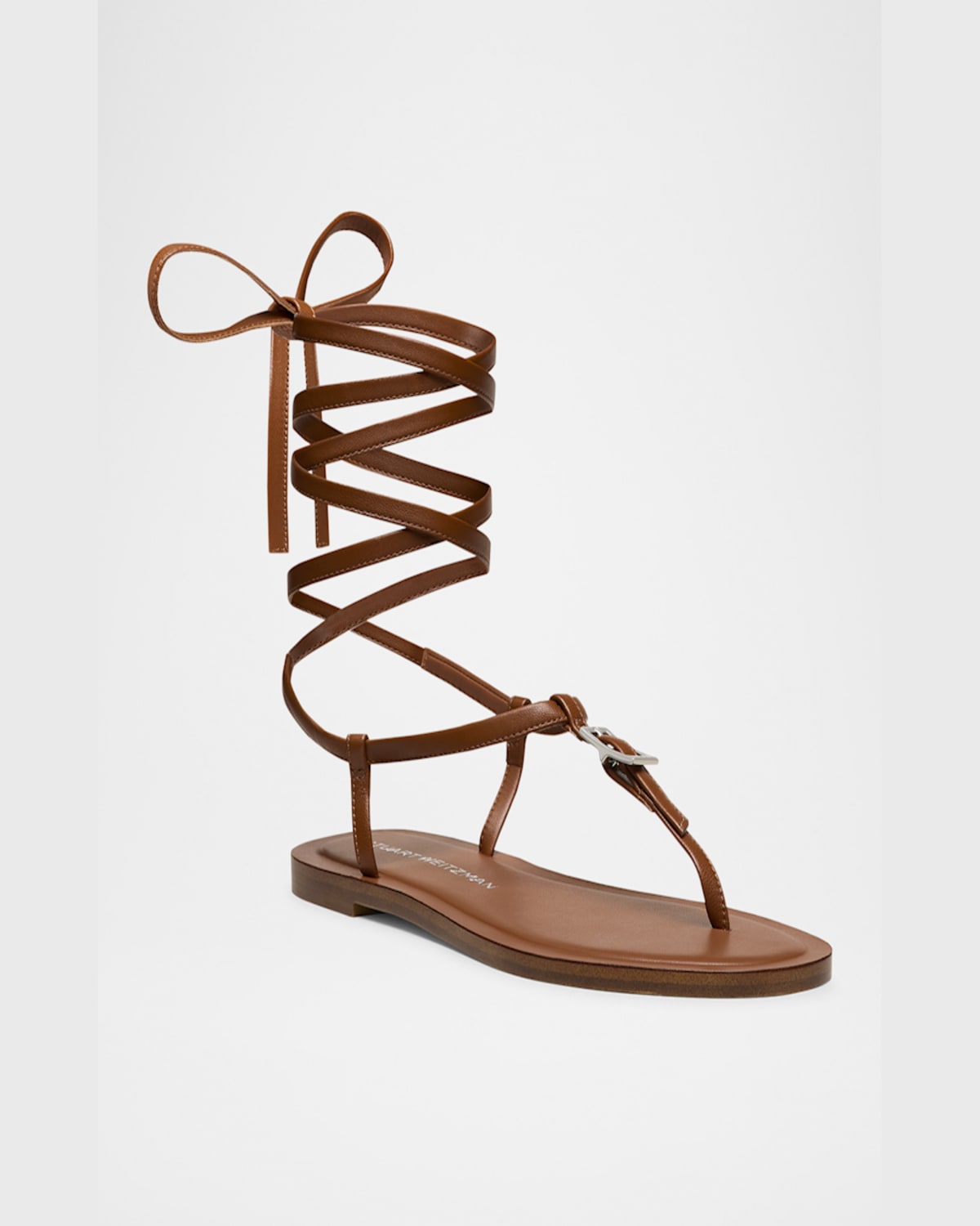 Stuart Weitzman Georgie Leather Ankle-wrap Flat Sandals In Bridle Brown