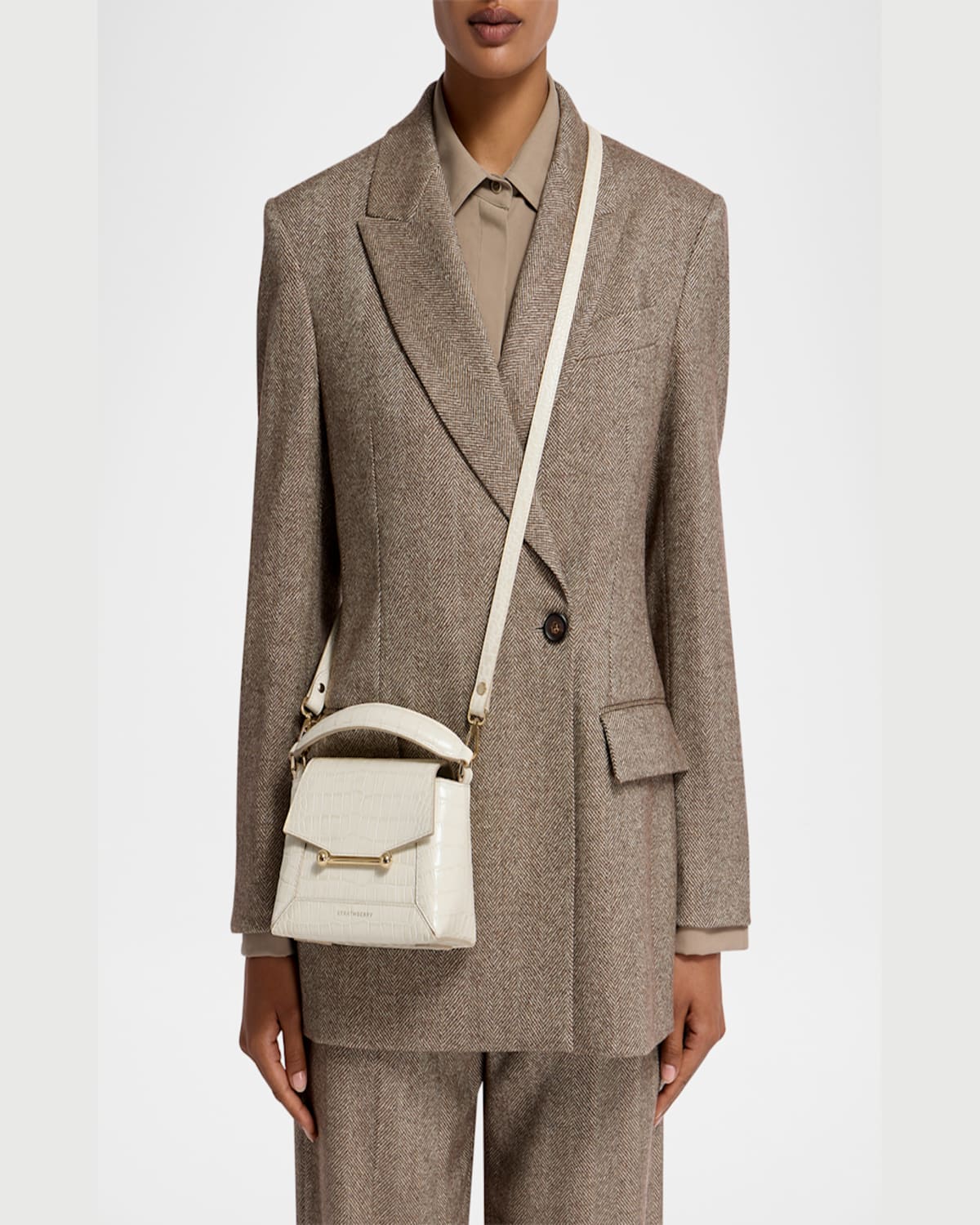 Strathberry Mosaic Nano Croc Leather Top-handle Bag In Vanilla