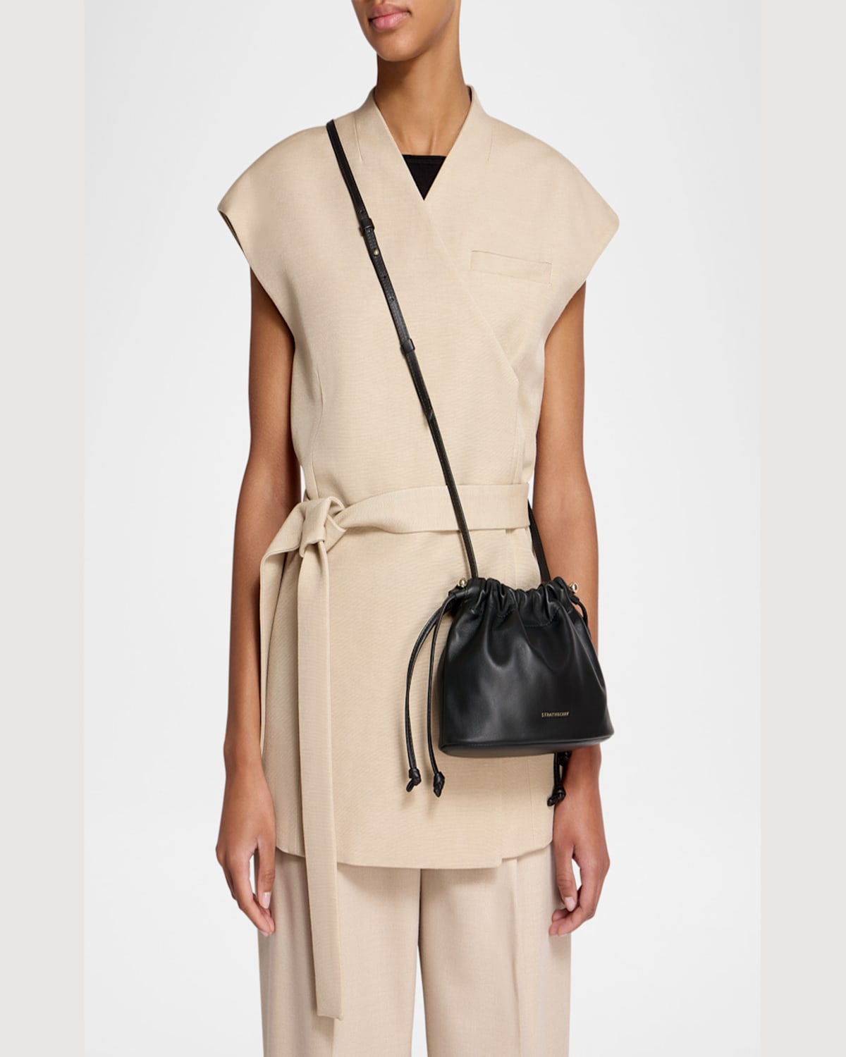 Strathberry Charlotte Drawstring Leather Clutch Bag In Black