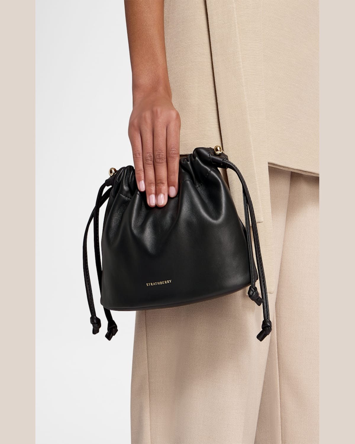 Strathberry Charlotte Drawstring Leather Clutch Bag In Black