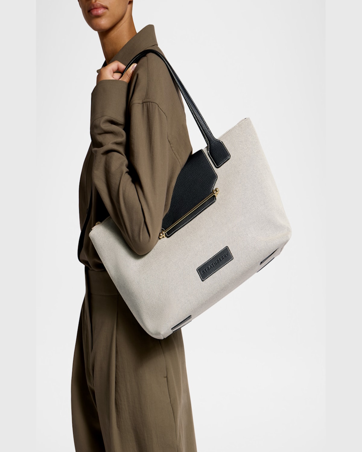 Strathberry Cotton And Leather Travel Tote Bag In Blackcream