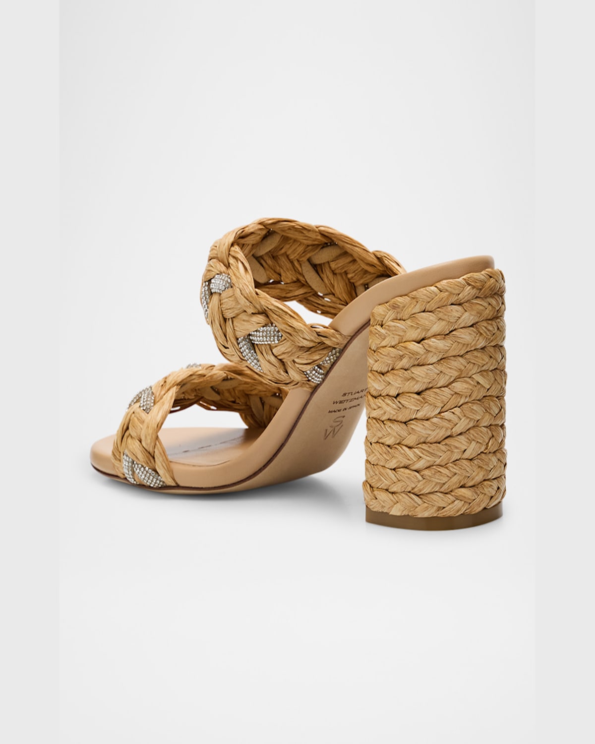 Stuart Weitzman Lana Raffia Crystal Slide Sandals In Natural